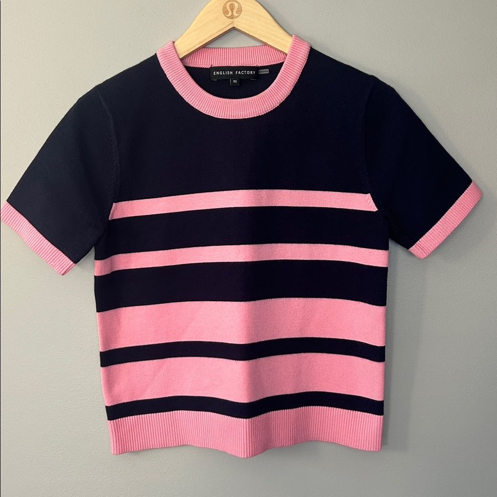 English Factory Striped Short Sleeve Knit Sweater Size XS Navy Blue Coral Pink